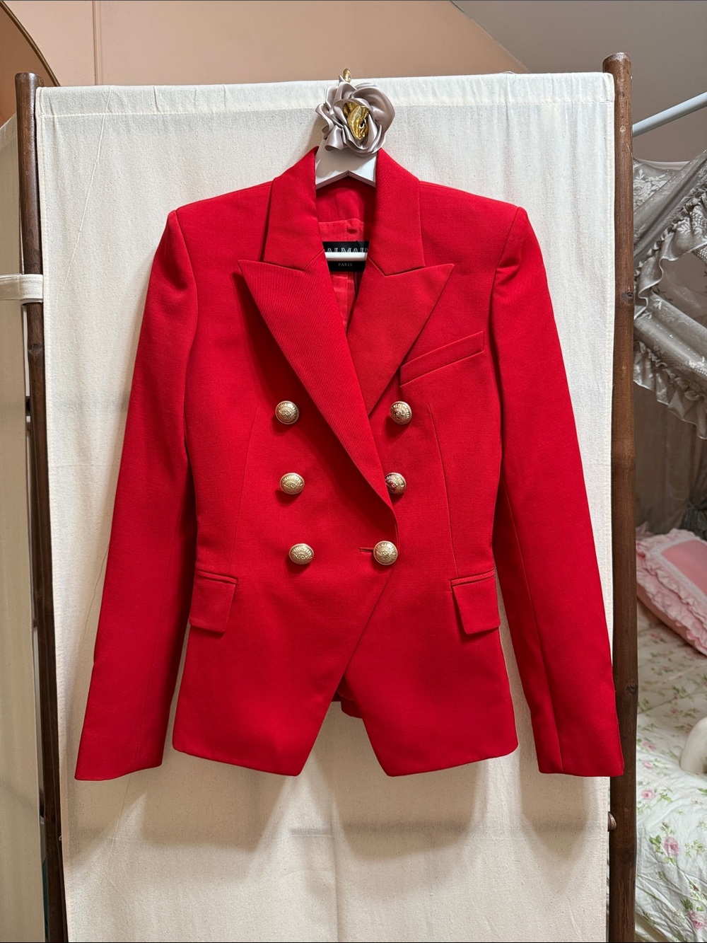 Balmain Red Double-Breasted Blazer with Gold Buttons